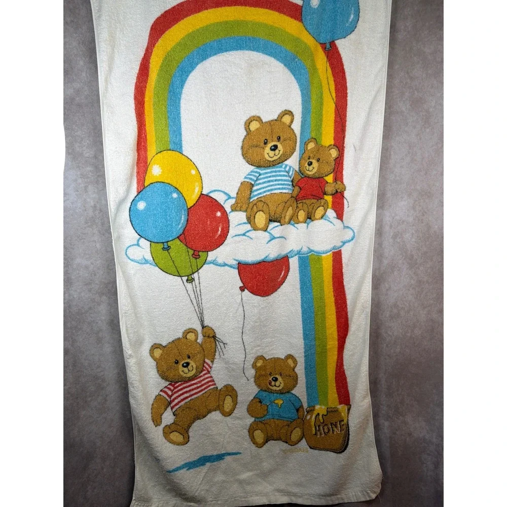 Vtg 80s Goals Beach/Bath Towel Toddletime Kids White Rainbow Teddy Bear Balloons